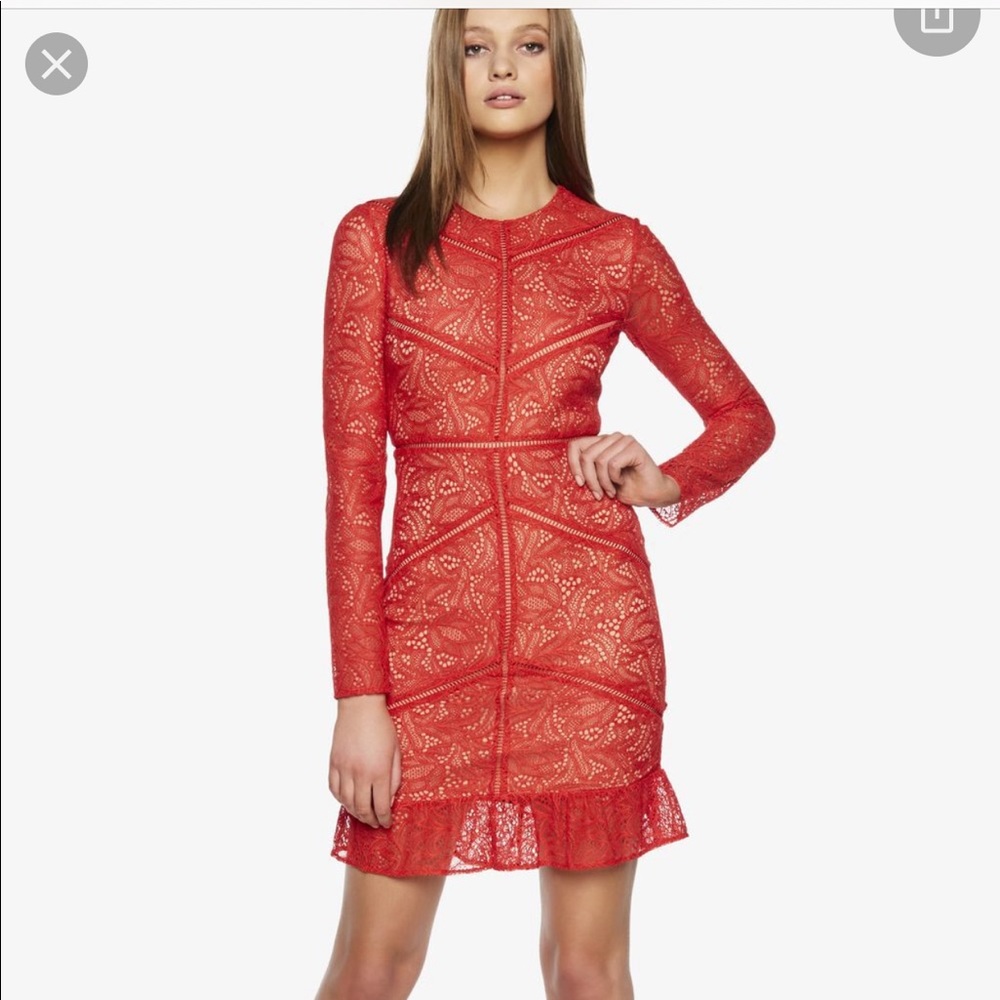 Red Lace Long-Sleeve Mini Dress
